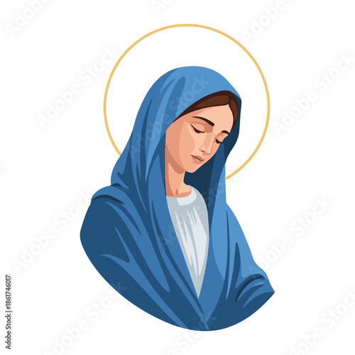 Serene Virgin Mary in blue robes with golden halo and folded hands in prayer, surrounded by stars and soft glow, perfect for Catholic cards, church graphics, and spiritual wallpapers.