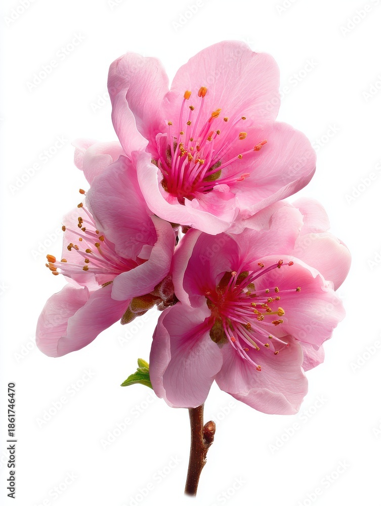 Naklejka premium Delicate Pink Cherry Blossoms With Yellow Stamen On A White Background
