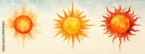 Three hand-painted watercolor suns with varied flame-like rays on a textured background, warm vibrant and uplifting celestial illustration