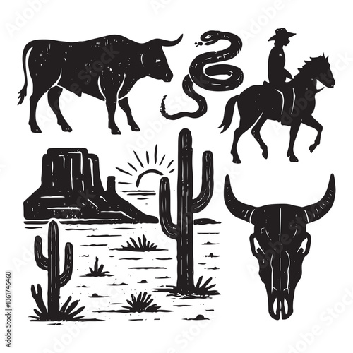 Western Desert Linocut Print Set – Boho Cactus, Canyon Wildlife & Rodeo Icons