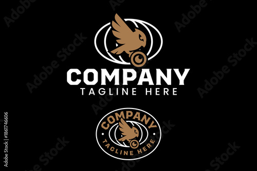 Hawk flying with camera lens diaphragm logo design set for photography. Falcon vision with camera shutter modern patch logo graphic pack for studio. Eagle holding lens and globe emblem element design
