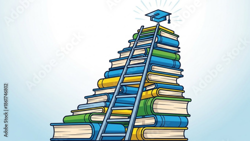 A tall stack of colorful books with a ladder leading to a graduation cap on top, symbolizing education and learning