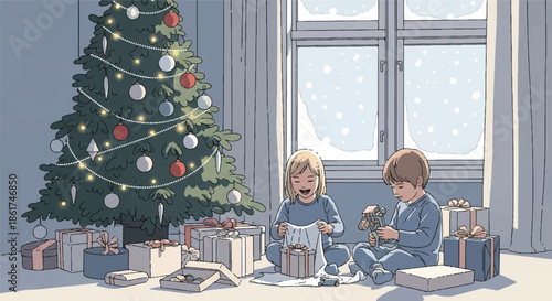 Little children opening Christmas presents in a cozy living room decorated with a festive tree and lights