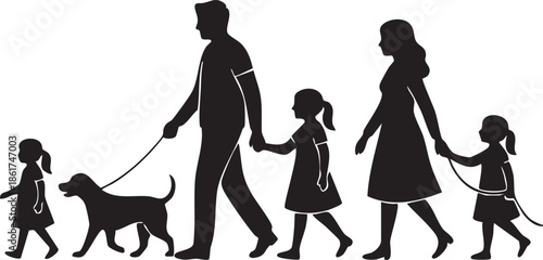 Family Walking Dog Together Holding Hands Outdoors