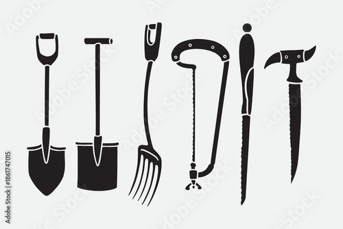 Gardening equipment silhouette icon set. Digging tools solid symbol pack. Shovels, Forks, Chopping saws, Knives, Sickle knife, Gardener, Horticulture. Vector illustration.
