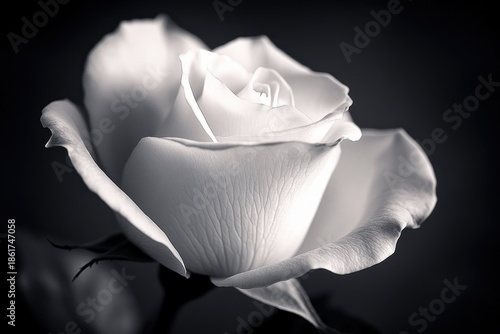 close-up black and white image of a single rose bloom with delicate textured petals, blurred background and soft lighting conveying serenity and elegant purity