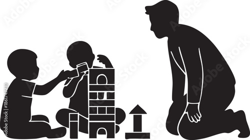 Parent Watching Children Build a Block Tower Together