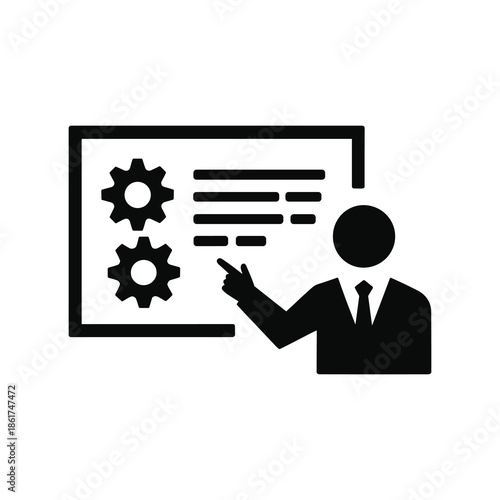 Man pointing at whiteboard presentation with gears and financial charts, concept of business growth and strategy, vector art on white background