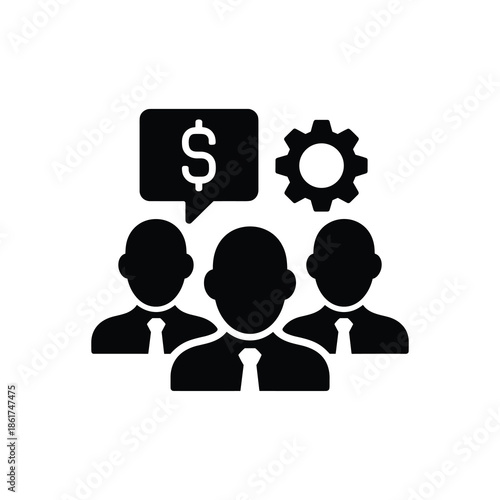 Team of businessmen with dollar sign speech bubble and gear icon, concept of finance strategy and teamwork, vector illustration