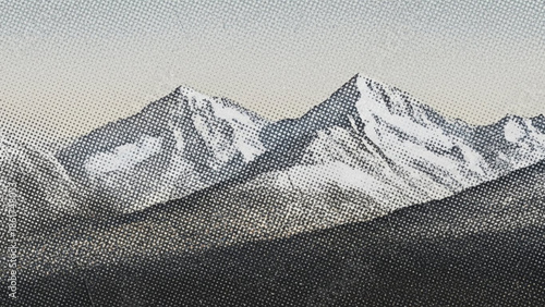 Snowy mountain range landscape with rugged peaks and slopes under a clear sky in a halftone effect