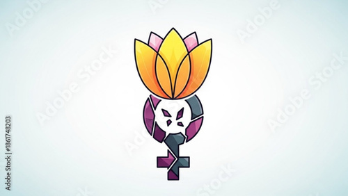 Vibrant lotus flower symbolizes female empowerment and gender equality with a broken chain on a white background