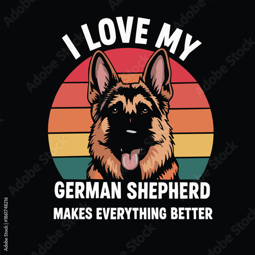 German Shepherd Dog with Sunset Background and Text