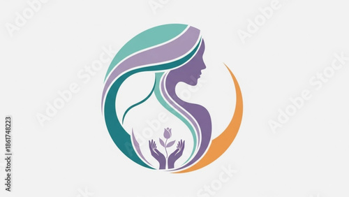 Stylized illustration of a woman's head with flowing hair and hands holding a flower in a circular design with vibrant purple, green, and orange hues