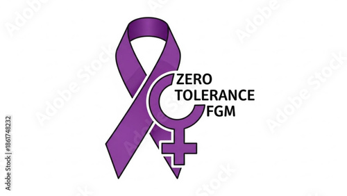 Zero tolerance for female genital mutilation awareness symbol with purple ribbon and female sign on white background