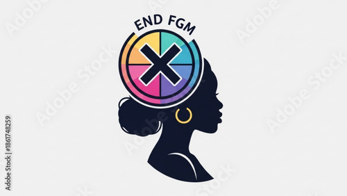 Female genital mutilation awareness symbol with woman silhouette and colorful pie chart with x marked in center, end fgm campaign