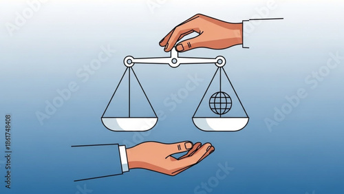 Hands balancing scales with globe on one side against a blue gradient background