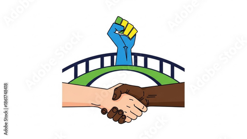 Handshake between two people of different skin tones with raised fist and bridge in the background symbolizing unity and solidarity