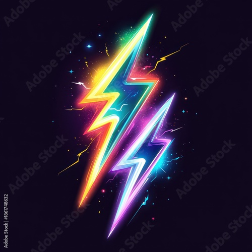 Energetic twin neon lightning bolts bursting with colorful electric sparks and glowing cosmic energy on a dark background