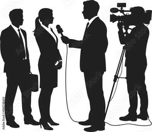 Business interview silhouette with reporter microphone, camera operator filming professional corporate news coverage, media communication concept isolated on white background
