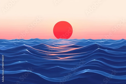 red sun sinking at the horizon above layered blue ocean waves with pastel pink and peach sky, gentle reflections on the water, serene and meditative mood