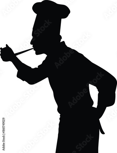 WebChef silhouette tasting food, professional cooking concept, culinary expert profile, restaurant kitchen scene, black vector illustration isolated white background