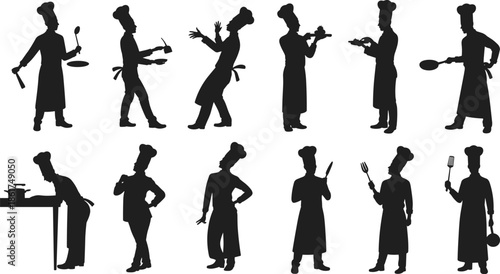 Chef silhouettes collection illustration featuring cooking poses, kitchen professionals, culinary workers, black vector people icons isolated on white background design