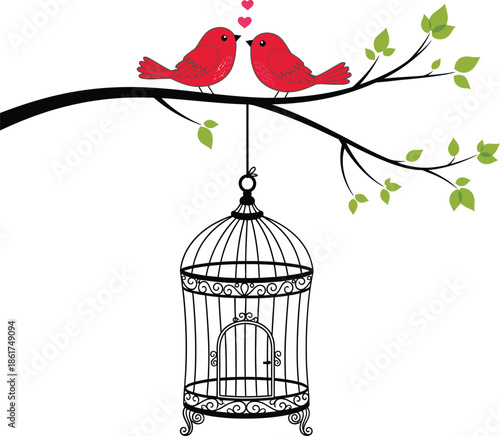 Cute red lovebirds perch on a tree branch above an open decorative birdcage