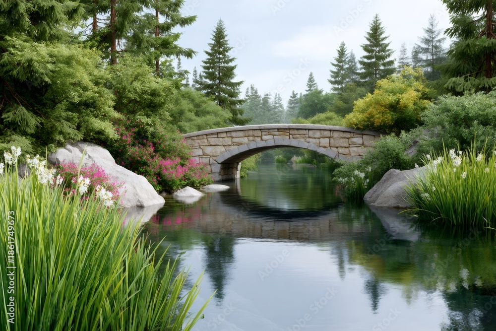 Fototapeta premium Stone bridge arching over river in evergreen forest
