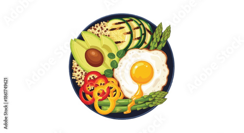 Healthy breakfast bowl with fried egg, avocado slices, grilled zucchini, red peppers, and asparagus on white