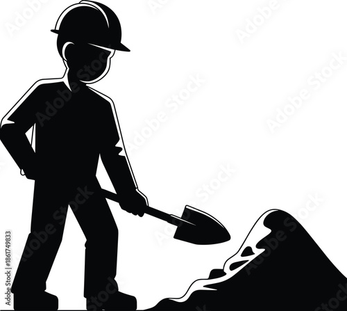 Construction worker silhouette digging with shovel, manual labor industry concept, safety helmet builder illustration, excavation work job, engineering development theme