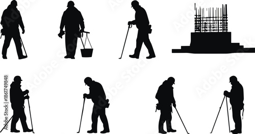 Construction worker silhouettes collection, builders measuring digging surveying site, industrial labor process, black vector illustration isolated on white background