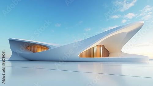 Sleek white futuristic building with flowing curved forms, warm wood‑lit interiors visible through oval openings, reflective plaza and calm blue sky evoking serene modern elegance
