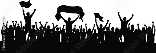 Crowd protest silhouette illustration, people cheering waving flags, demonstration rally unity concept, political activism scene, black vector background design art