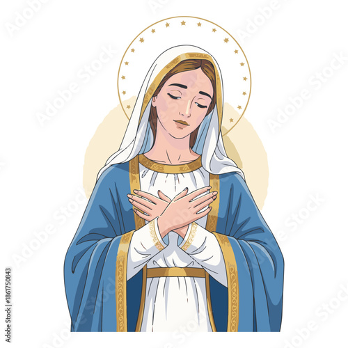 Gentle Our Lady of Fatima with white veil, blue sash, and compassionate gaze holding rosary, suitable for pilgrimage souvenirs, prayer books, and Marian devotionals.