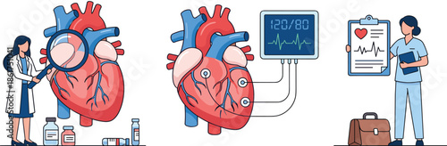 Human heart health monitoring illustration, cardiology medical checkup concept, blood pressure ECG analysis, healthcare professionals diagnosis, vector infographic design