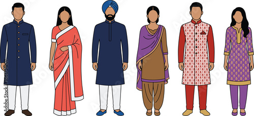 Indian traditional clothing illustration set, men women ethnic wear, saree kurta salwar turban, cultural festival fashion vector design