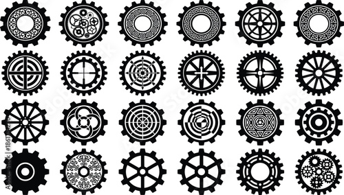 Industrial gear icons set, mechanical cogwheel collection, steampunk machinery symbols, engineering technology elements, black silhouette vector illustration