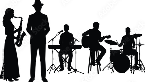 Jazz band silhouette with saxophone singer keyboard guitarist drummer live music performance isolated white background illustration vector concert musicians stage