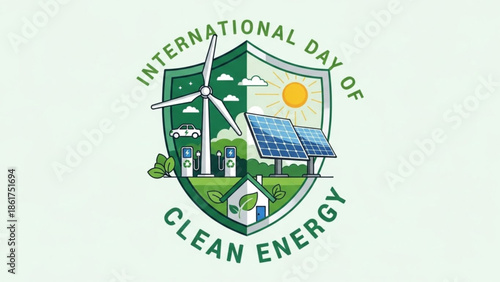 International day of clean energy logo with solar panel, wind turbine, eco house, and electric car charging station on green shield