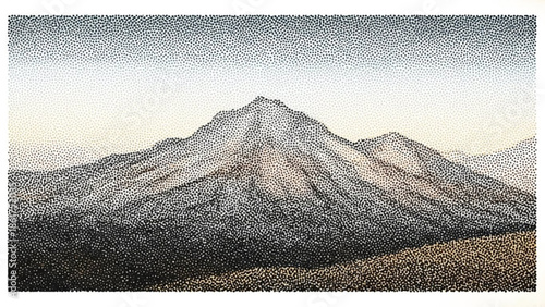 Pointillist artwork of rugged mountain range with brown and green slopes under gray cloudy sky