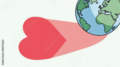 Earth globe with a red heart shaped beam symbolizing love and care for the planet, eco friendly concept, environmental awareness, global love