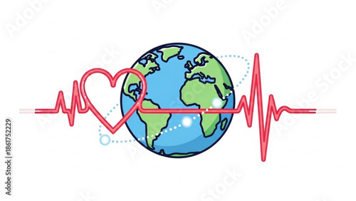 Earth with heartbeat line and red heart symbol, representing global health and love for the planet, eco friendly living and wellness concept