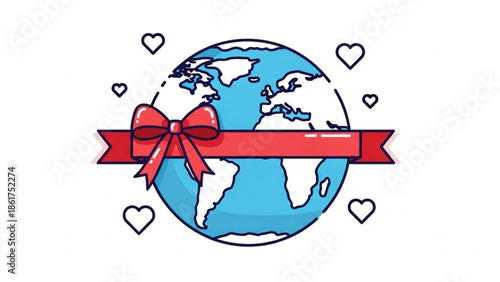 Globe wrapped in red ribbon with bow and hearts, symbolizing global love and unity, earth day concept, vector illustration