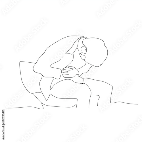 man in toilet holding stomach in toilet. line art