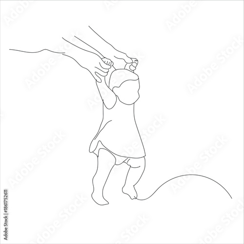 Continuous single line sketch drawing of mother mom teaching child to walk and playing.