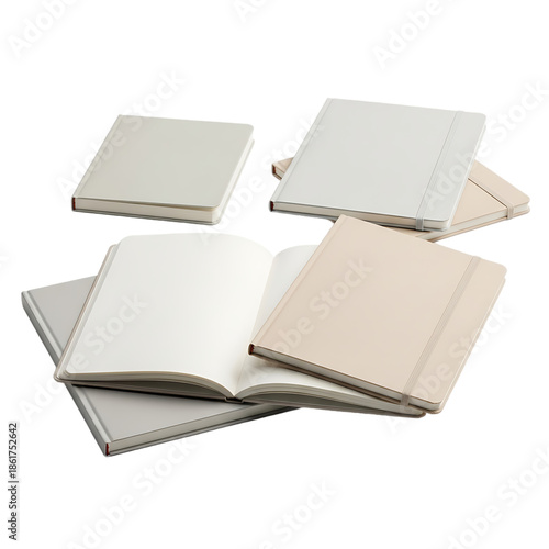 A pile of white and beige notebooks on transparent background