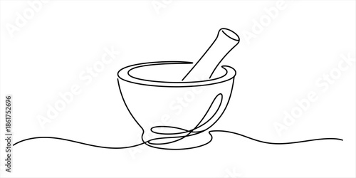 Mortar and pestle continuous line art illustration representing pharmacy and traditional medicine Vector, illustration