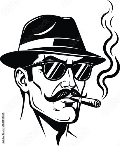 Stylized portrait of a cool man with a mustache fedora hat and sunglasses smoking a cigar.