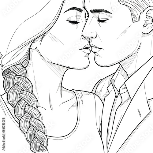 Tender kiss between a woman with a long braid and a man in a suit jacket a romantic black and white line art illustration.