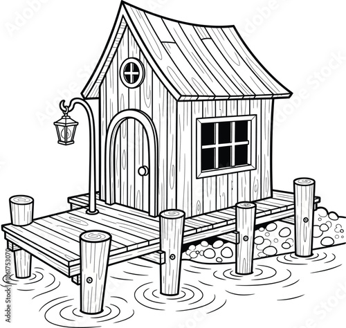 Billede på lærred Whimsical cartoon wooden fishing shack on a rustic pier over water a black and white line art illustration